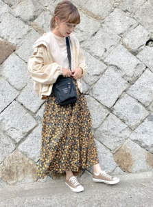 小花柄のマキシ丈スカートの30代女性向けコーディネートに関する参考画像