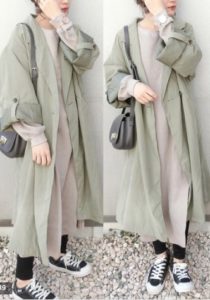 カーキのスプリングコートの30代女性向けコーディネートに関する参考画像